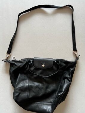 Longchamp Black Leather Shoulder Bag with Snap Flap